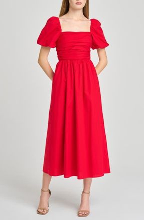 Wayf Lucy Ruched Puff Sleeve Midi Dress in Red at Nordstrom, Size X-Small