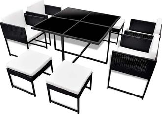 vidaXL Set Comedor De Jard&iacute;n 9 Piezas Y Cojines Rat&aacute;n Sint&eacute;tico Negro Vidaxl