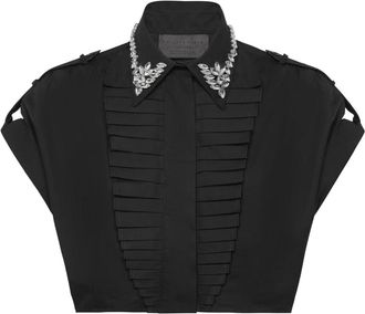 Philipp Plein Overhemden, Dames, Zwart, M, Katoen, Volant Cropped Shirt SS Strass