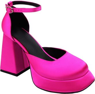 Generic Womens Round Toe Satin Bridal Shoes Ankle Strap Wedding Dress Shoes Block High Heel Platform Party Prom Pumps,Fuchsia,6.5 UK