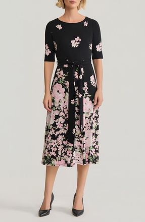 Kasper Floral Tie Belt A-Line Dress in Black/Tutu Multi at Nordstrom, Size 16P