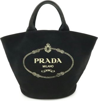 Prada Canapa Black Canvas Leather Handbag Tote Bag (Pre-Owned)
