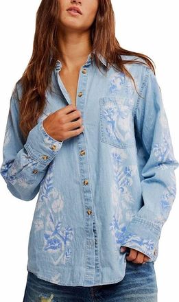 Free People Airbrushed Blossom Denim Shirt In Sky Blue