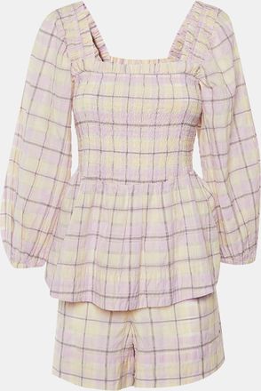 Ganni Ganni Lilac Checked Cotton Peplum Top & Shorts Set