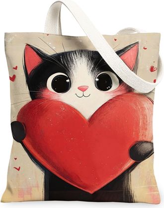 Generic Cute Cat Canvas Tote Bags, Heart Design Reusable Grocery Bags, ValentineS Day Lightweight Washable Shoulder for Outdoor Tr, White, 13x15 Inch