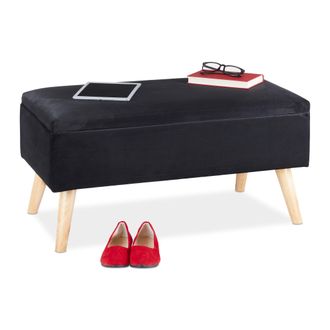 Relaxdays Relaxdays - Ba&uacute;l Almacenamiento, Funda Terciopelo, 40 L, Acolchado, Patas Madera, Asiento Almacenaje, 41x80x40 Cm, Negro