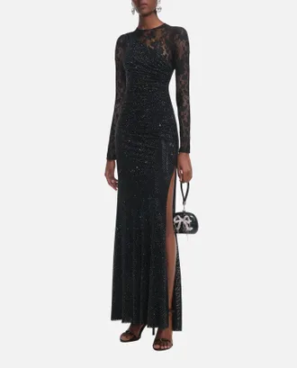 Self Portrait Abito Lungo Con Maniche In Pizzo Con Strass Nero