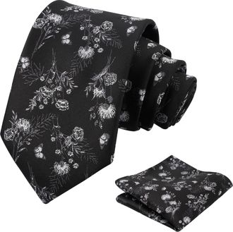 Alizeal Mens Flower Ties for Men with Handkerchief Floral Butterfly Patterned Classic Elegant Wedding Party Necktie Set, Black+White
