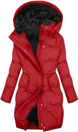 Generic Ladies Fleece Jackets Womens Coats Fluffy Parka Plush-Lined Anorak Hooded Mid-Length Coats Loose-Fit Jackets Down Windproof Coat Thermal Jacket Red M