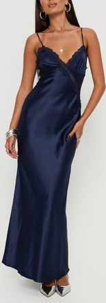 Princess Polly Madelene Lace Trim Satin Gown in Navy at Nordstrom, Size 2