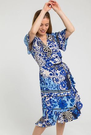 Roman Floral Contrast Print Wrap Dress