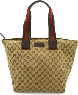 Gucci Gg Canvas Beige Dark Brown Green Red Color Nylon Canvas Leather Shoulder Bag Tote Bag (Pre-Owned)