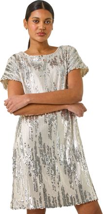 Roman Womens Sequin Shimmer Stretch Dress - Silver - Size 10 UK