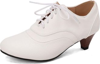Generic Womens Mid Block Heel Casual Shoes Round Toe PU Leather Office Dress Shoes Lace Up Vintage Brogues,White,10.5 UK