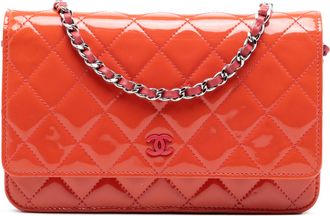 Chanel Pre-owned Womens Cc Quilted Patent Wallet On Chain - Orange Leather - One Size