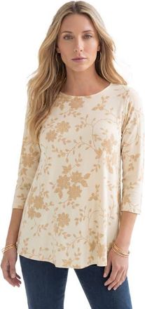 Roaman's Plus Size Ultimate Three Quarter Sleeve Swing Tee in Ivory Floral Bloom at Nordstrom, Size 32