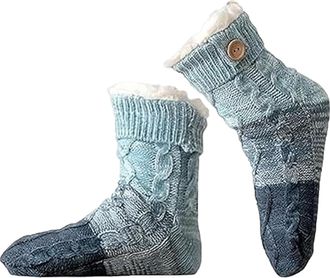 Generic Knitted Ultra-Thick Slipper Home Socks, 2026 New Non-Slip Tri-color Knit Patchwork Non-Slip Warm Winter Socks, Soft And Comfortable (Blue)