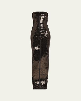 Rick Owens Strapless Sequined Denim Bustier Column Gown