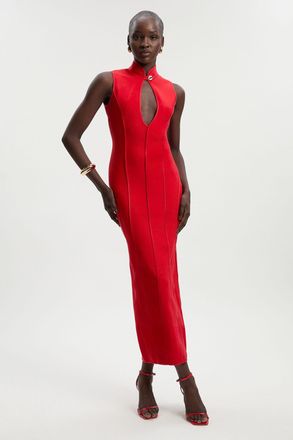 Karen Millen Womens Figure Form Bandage Sleeveless Pencil Knit Maxi Dress - Red - Size X-Small