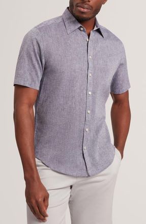 Ted Baker Wryte Regular Fit Short Sleeve Slub Linen & Cotton Button-Up Shirt in Navy at Nordstrom, Size 5