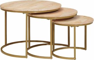 vidaXL Mesas De Caf&eacute; Nido 3 Pcs Marr&oacute;n Madera Maciza De Mango Y Acero Vidaxl