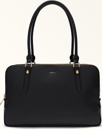 Furla Giulia Borsa Boston L Nero Nero Pelle Stampata + Camoscio Donna