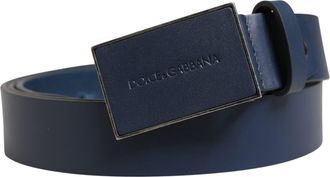 Dolce & Gabbana Men Blue Calf Leather Logo Metal Buckle Mens Belt (Pre-Owned)