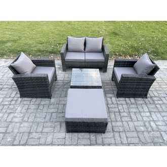 Fimous 5 pcs Outdoor Lounge Sofa Set Wicker pe Rattan Garden Furniture Set with Armchair Square Coffee Table Double Seat Sofa Big Footstool Dark Grey Mixed