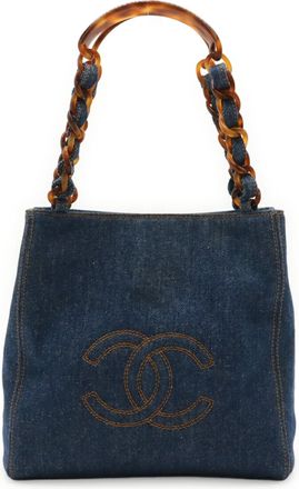 Chanel Blue Brown Denim Plastic Handbag Tote Bag (Pre-Owned)