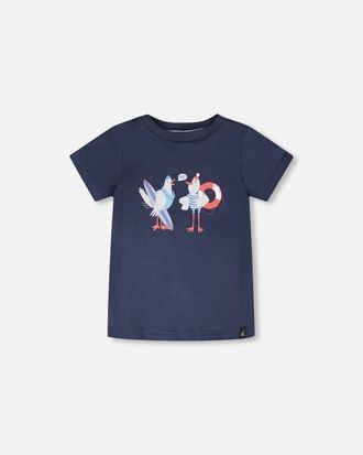 Deux par Deux Organic Cotton Seagull Graphic Print Short Sleeve T-Shirt in Blue at Nordstrom, Size 24M