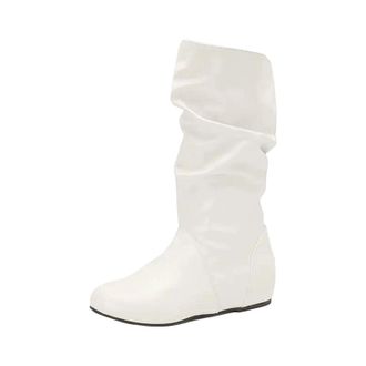 Generic Womens Fashion Mid Calf Booties Round Toe High Height Increasing Heel Slip On With Pleated Shaft Design