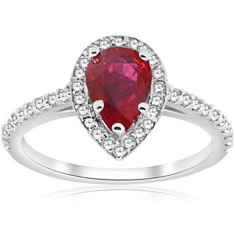 Pompeii3 1 1/2ct Pear Shape Ruby & Diamond Halo Ring 14K White Gold Size Selectable
