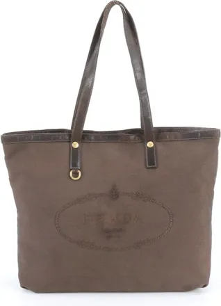 Prada Brown Leather Canvas Shoulder Bag Tote Bag (Pre-Owned)
