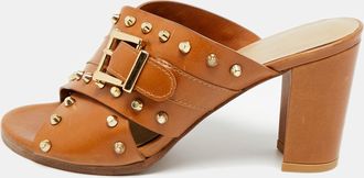 Stuart Weitzman Brown Leather Studs Slide Sandals