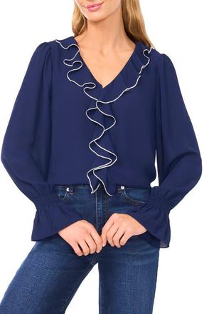 CeCe by Cynthia Steffe Ruffle V-Neck Top in Classic Navy at Nordstrom, Size X-Small