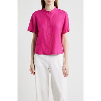 Eileen Fisher Short Sleeve Organic Linen Button-Up Shirt in Fuchsia at Nordstrom, Size Xx-Small