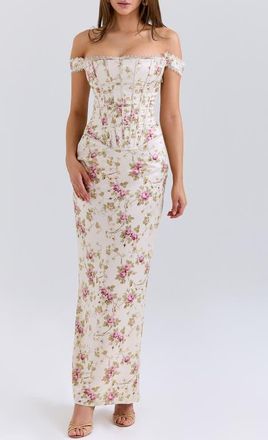 House of CB Isis Floral Corset Bodice Gown in White Floral Print at Nordstrom, Size X-Small