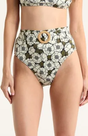 Hutch Conny O-Ring High Waist Bikini Bottoms in Blck Olive Flt Outline Poppies at Nordstrom Rack, Size Xx-Small
