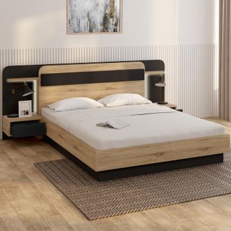 IDMarket Nathan Cama De Matrimonio De 140 X 190 Cm Con Cabecero, Mesillas Colgantes, Estante, Luz Led Y Somier Negro Y De Madera