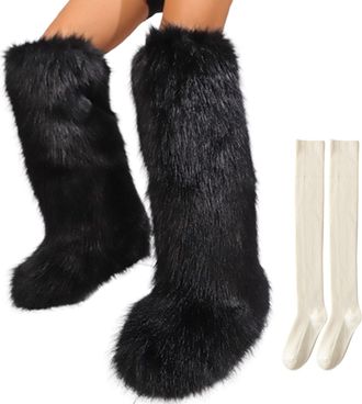 Generic Furry Boots for Women Thigh High, Over the Knee Fluffy High Boots, Tall Flat Winter Snow Warm Winter Shoes (A,7.5)
