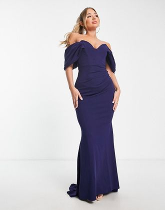 Goddiva Maxikleid in Marineblau mit Carmen-Ausschnitt und Godet-Design