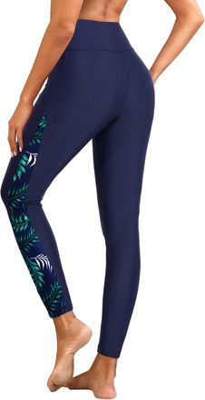 Holipick Swim Pants for Women Swimming Leggings High Waisted Swimsuit Pants UPF 50+ Rash Guard Pants, Blue Leaves, X-Large