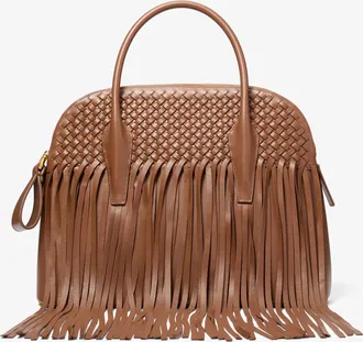Michael Kors Kaitlin Large Fringed Woven Leather Dome Satchel