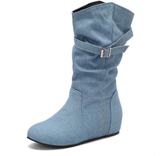 Generic Womens Pull on Slouch Mid-Calf Boots Round Toe PU Leather Casual Boots Wedge Heel Western Boot with Buckle,Blue,10.5 UK
