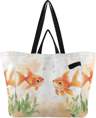Generic Goldfish Aquatic Plants Beige pattern Reusable Canvas Tote Bag, Heavy Duty Grocery Shopping Bag with Large Capacity Hard Bottom Double Handles Work Gr