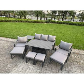 Fimous Aluminum 9-Seater Sofa Set with Lifting Table, 2 Chairs, 4 Footstools in Dark Grey