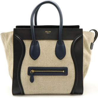 Celine Beige Black Navy Linen Leather Handbag Tote Bag (Pre-Owned)