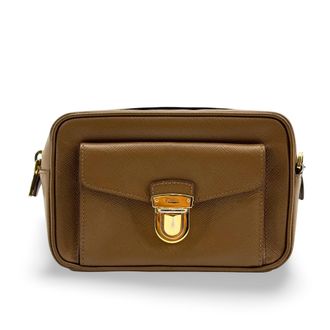 Prada Pushlock Pocket Camera Saffiano Leather Brown Leather Handbag (Pre-Owned)