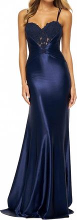 Sherri Hill Lace Corset Sweetheart Neck Dress In Navy