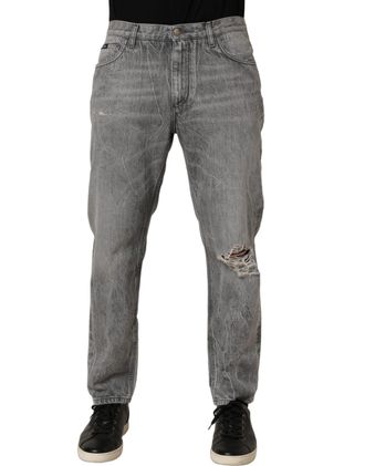 Dolce & Gabbana Grey Distressed Straight Leg Men Denim Jeans Gray Cotton Clothing
